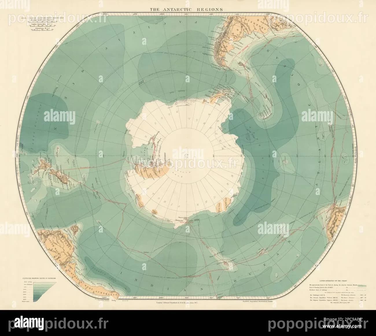 Régions antarctiques. Pôle Sud. Itinéraires de découverte et de Gauss ...