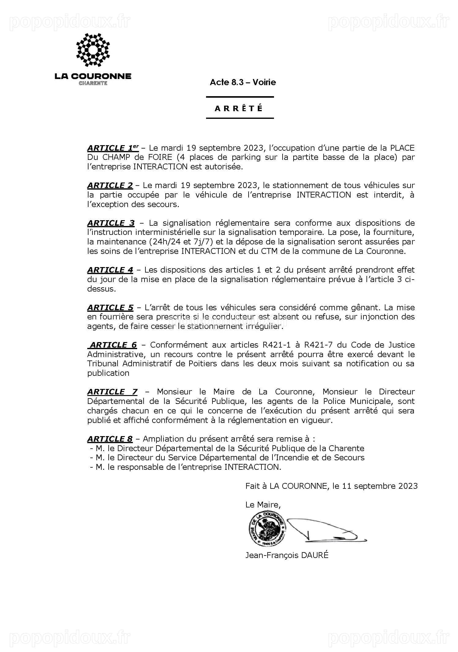 Arrêté n°2023 – 303 Autorisation d’Occupation du Domaine Public - La ...