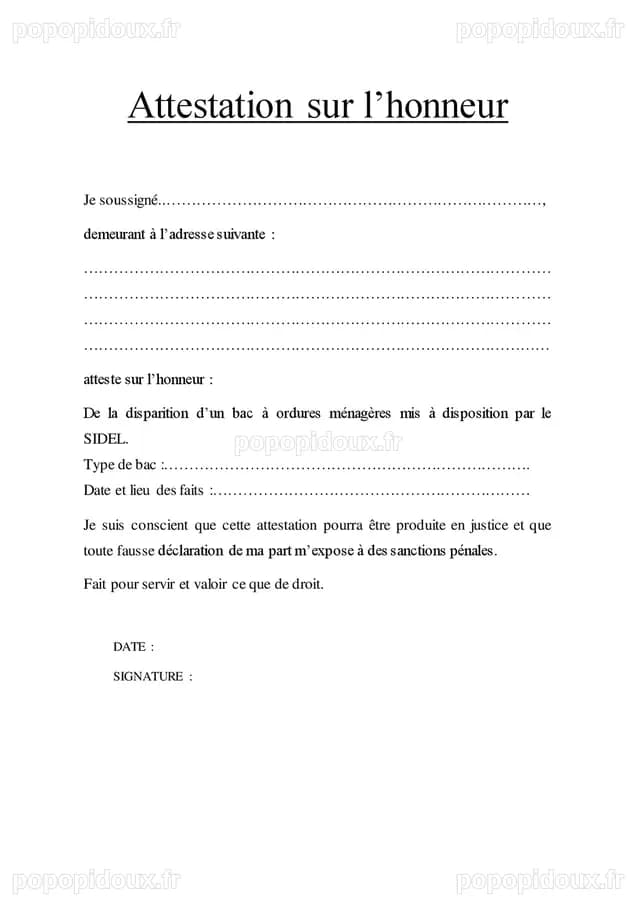 Attestation sur l'honneur - DOC, PDF - page 1 sur 1