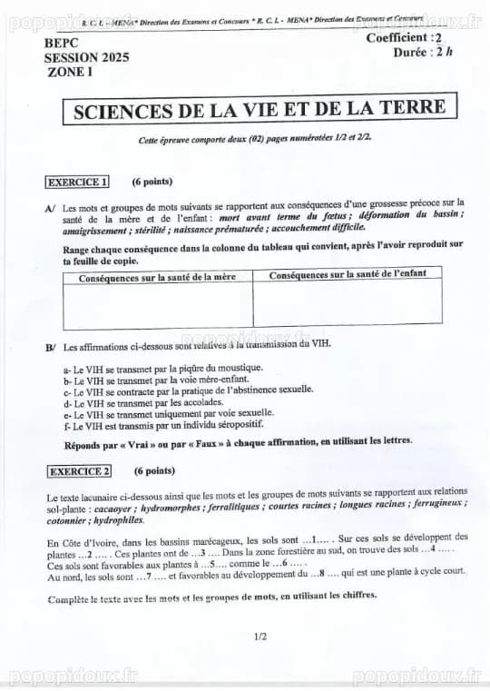 Épreuve et Corrigé de Sciences de la Vie et de la Terre – BEPC Session ...