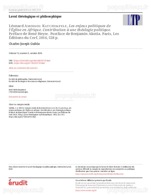 (PDF) Léonard Amossou Katchekpele, Les enjeux politiques de l’Église en ...