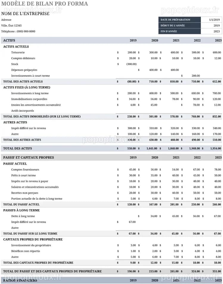 Modèle de bilan simple en Excel pour gestion financière - modeles.fr