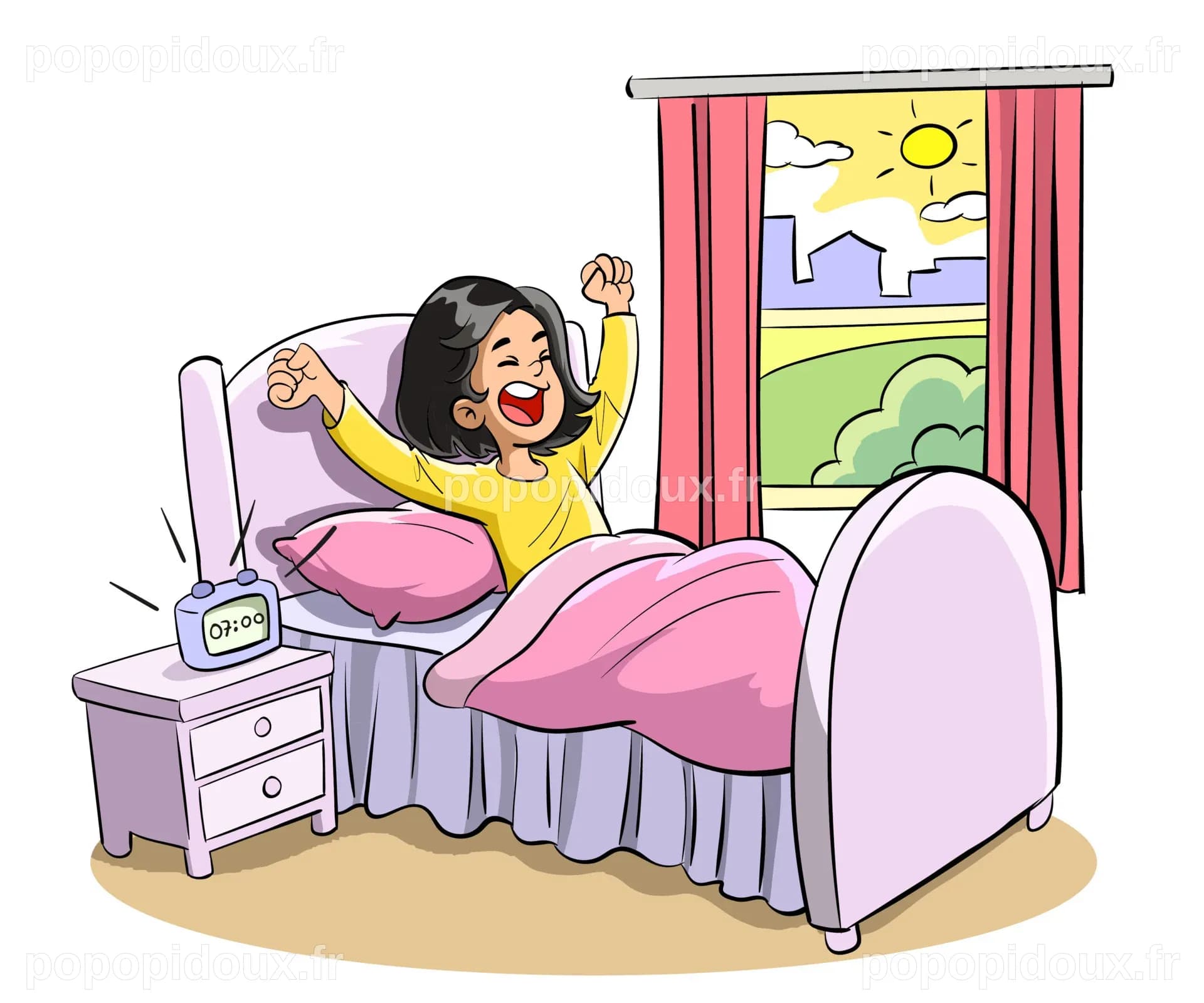 The cute girl wakes up. Vector cartoon illustration. Isolated on white ...