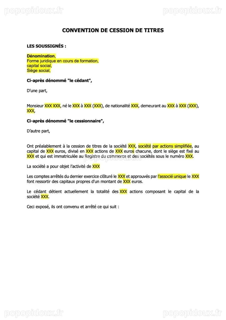 Modèle de contrat de cession d'actions - Advyse